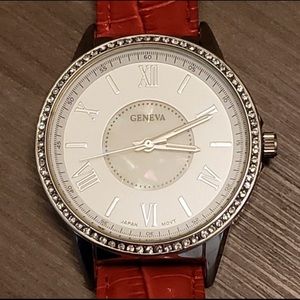 Geneva Red Leather Watch NWOT